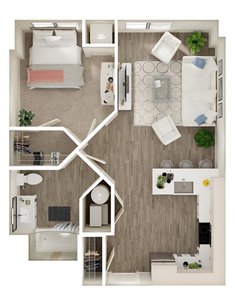 Floor plan for 1 bed, 1 bath, 685 sqft